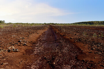 View on peat extraction site. Drainage and destruction of peat bogs and wetlands. Drilling on bog...