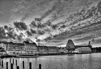 Evening  illuminated quay at lake