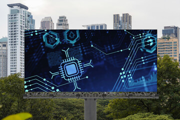 Technology hologram on billboard over panorama city view of Bangkok. The largest tech hub in...