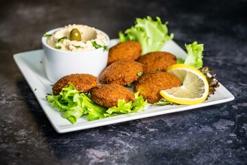 Falafels with Hummus and Salad Appetiser Turkish Arabic Starter Dish