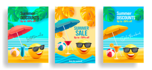 Summer sale poster with 3d smile in sunglasses under sun umbrella with tropical leaves and cocktails and beach volleyball ball