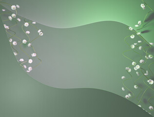 Composition of small, white gypsophila flowers and curly stems and green copy space in form of wave. 3D illustration.       
