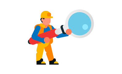 Worker holding a large magnifying glass. Builder with a magnifying glass. Search, research, study, increase, spy. Isolated vector illustration on white background