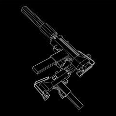 Submachine gun modern firearms pistol with silencer. Wireframe low poly mesh vector illustration.