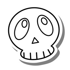 Black line cartoon Skull on white silhouette and gray shadow. Icon Emoji for decoration or any design. Vector illustration of Halloween day.