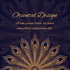 Luxury background peacock feathers pattern vector. Oriental gold black royal wedding invitation. Eastern design for beauty spa salon, birthday, Ramadan, anniversary, holiday cards template.