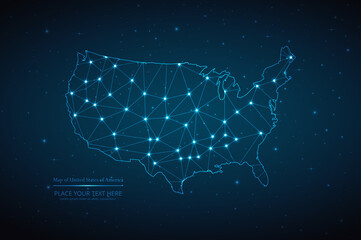 Abstract map of United States of America geometric mesh polygonal network line, structure and point scales on dark background. Vector illustration eps 10