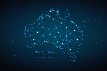 Abstract map of Australia geometric mesh polygonal network line, structure and point scales on dark background. Vector illustration eps 10