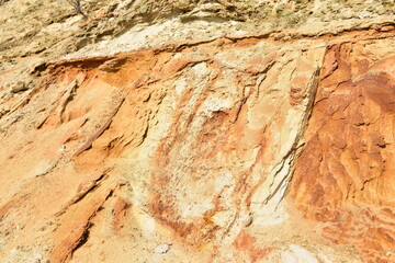 Land structure in open pit mining. Ground background in quarry. Rock texture during earthworks. Sand background and Earth's crust.
