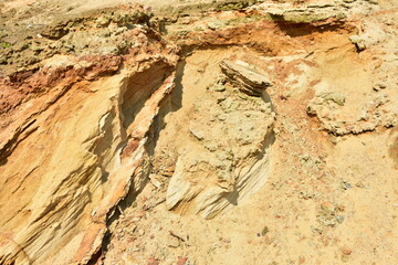 Land structure in open pit mining. Ground background in quarry. Rock texture during earthworks. Sand background and Earth's crust.