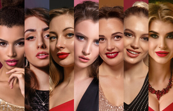 Collage of females faces with bright make-up and stylish jewelry. Expressing different facial emotions against colorful backgrounds. Close-up