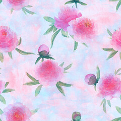 Watercolor pink peonies flowers. Beautiful floral seamless pattern.