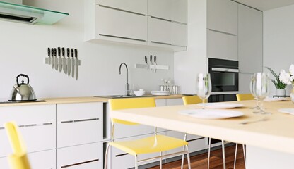 white kitchen concept with yellow chairs and big table