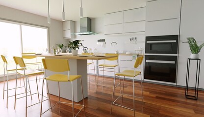 white kitchen concept with yellow chairs and big table