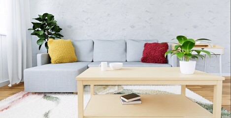 A minimalist living room with a gray sofa and colorful pillows