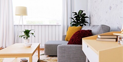 A living room with a gray sofa and colorful pillows