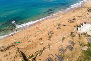 Aerial view of clean up after oil spill at Betzet nature reserve and Rosh-Hanikra beach in the distance, Northern District, Israel.