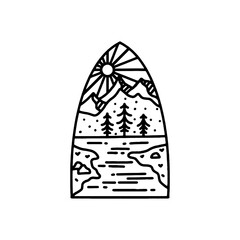 Sunrise Island lake with mountain slope Hill logo design inspiration