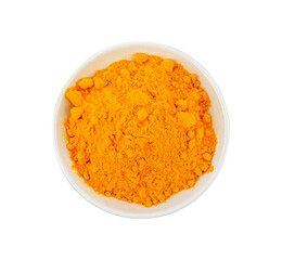 turmeric powder in white ceramic bowl isolated on white background. Top view
