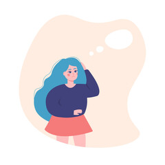 Sad thinking girl with speech bubble. Emotion, face, expression, mental stress, depression, boredom, frustration, fatigue concept. Young unhappy sad frustrated depressed woman.