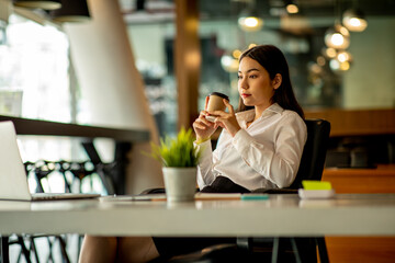 Portrait of Asian young female Businesswoman working on laptop computer doing finances,accounting analysis,report,data and pointing graph at the office.