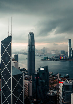 Hong Kong - 03 September 2020: Aerial View of Central District during a Storm in Hong Kong, Central and Western District, Hong Kong.