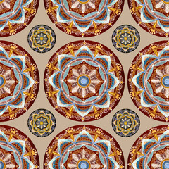 Abstract seamless pattern on beige background. Mandala drawing in colorful. 