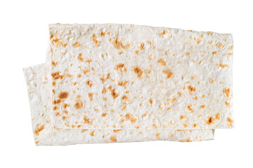 Thin pita bread isolated on white background. Lavash - tasty hearty healthy Armenian and Turkish unleavened flat bread.