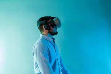 Man connection with abstract web and chains in virtual reality