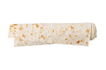 Lavash - tasty hearty healthy Armenian and Turkish unleavened flat bread. Rolled up thin pita bread isolated on white background.