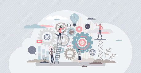 Work operations and teamwork productivity with control tiny person concept. Business project workflow as gear cogwheel mechanism vector illustration. Process automation with effective monitoring. - obrazy, fototapety, plakaty