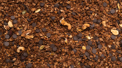 Chocolate granola cereal with nuts background.