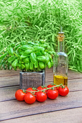 Basil, olive oil and cherry tomatoes on a wooden garden table. Fresh summer organic food