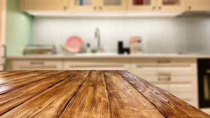 Fototapeta na wymiar Desk of free space and kitchen interior 