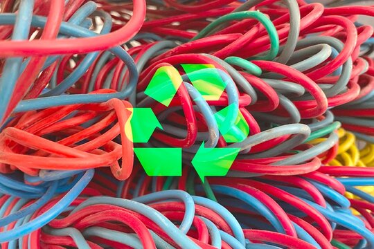 Green recycling icon on a pile of waste colorful copper electrical wires, reduce pollution and protect environment concept background © Gem