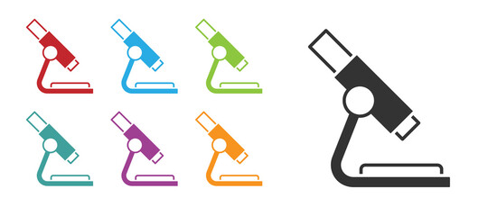 Black Microscope icon isolated on white background. Chemistry, pharmaceutical instrument, microbiology magnifying tool. Set icons colorful. Vector