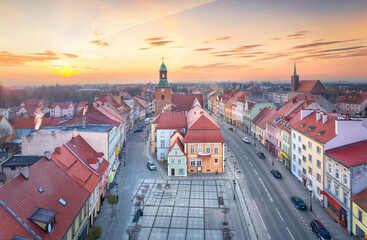 Sroda Slaska, Poland. Arrial view of historic Town Hall on sunrise