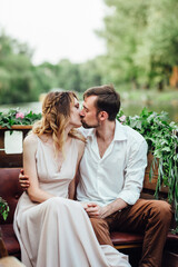 Fototapeta premium a boat trip for a guy and a girl along the canals and bays of the river