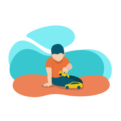 A boy plays with toy cars. He's sitting on the floor. He's alone and lonely