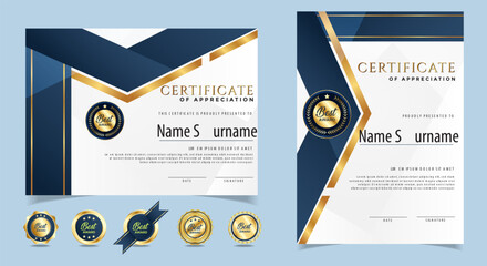 Certificate of appreciation template, gold and blue color. Clean modern certificate with gold badge. Certificate border template with luxury and modern line pattern. Diploma vector template