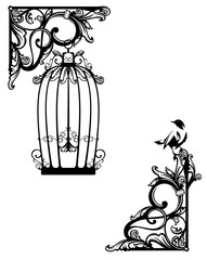 antique style page corner decor element with open bird cage - black and white vector outline graphic set for secret garden concept