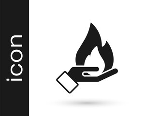 Black Hand holding a fire icon isolated on white background. Insurance concept. Security, safety, protection, protect concept. Vector