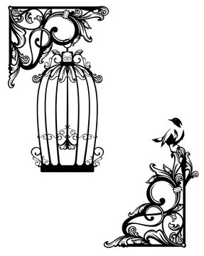 antique style page corner decor element with open bird cage - black and white vector outline graphic set for secret garden concept