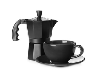 Moka pot and cup with saucer on white background