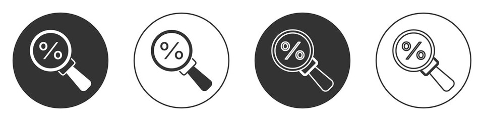 Black Magnifying glass with percent icon isolated on white background. Discount offers searching. Search for discount sale sign. Circle button. Vector