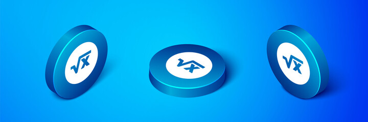 Isometric Square root of x glyph icon isolated on blue background. Mathematical expression. Blue circle button. Vector
