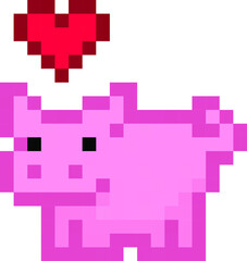 Cute pixel pig with a heart over its head (vector, isolated)