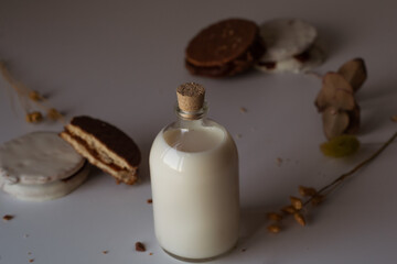 glass of milk with dulce de leche alfajores covered with black and white chocolate, typical food of Argentina