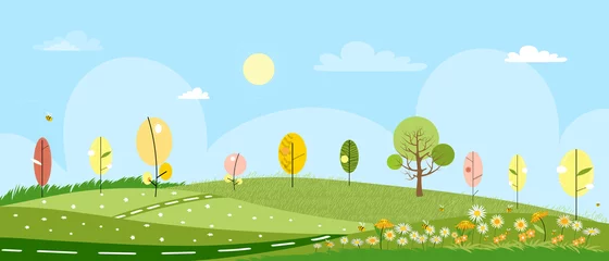 Fotobehang Kinderkamer Schattige cartoon panorama landschap van lente veld en lente bloemen met familie bijen vliegen, mooie kaart met zonneschijn, wolk en honingbij stuifmeel verzamelen op bloemen in zonnige dag, zomer achtergrond  © Anchalee