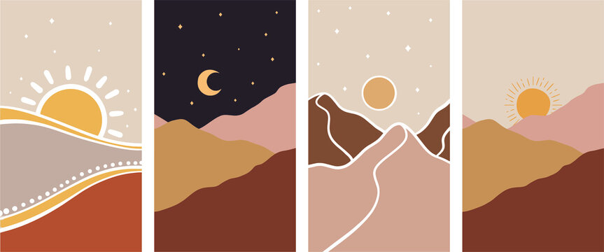 Boho minimalist landscape mountains sunset vector illustration set